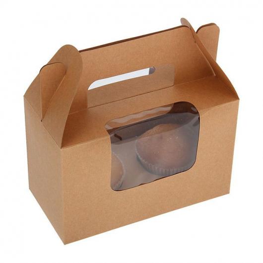 Коробка на 2 капкейка бежевая домик